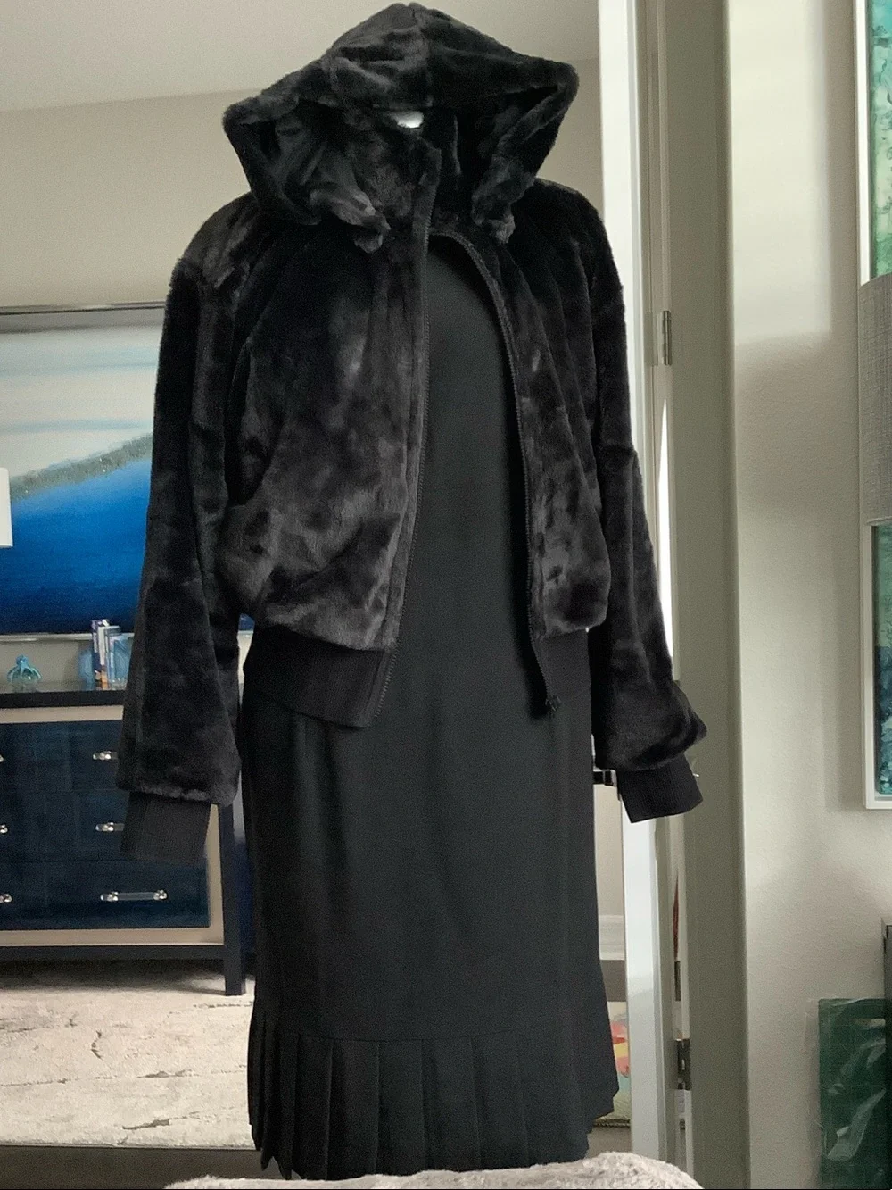 DKNYC Black Plush Faux Fur Bomber Jacket